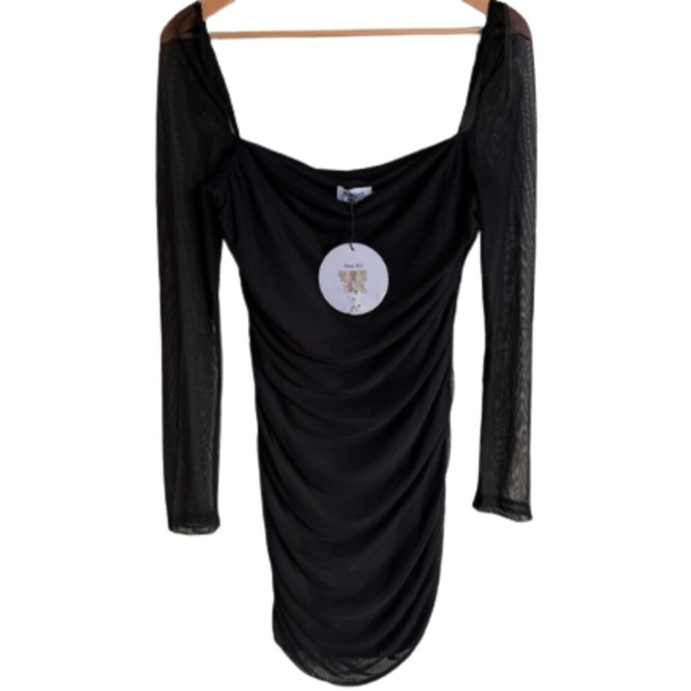 NWT PRINCESS POLLY Chavri Black Mesh Long Sleeve Mini Dress Size 8